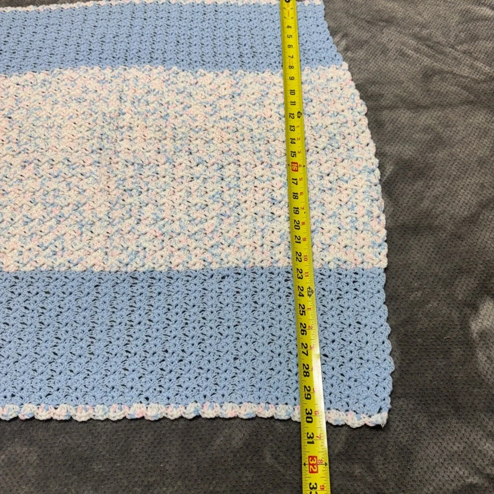 Handmade Crochet Baby Blanket Blue Pink White Striped Scalloped Border 29x30